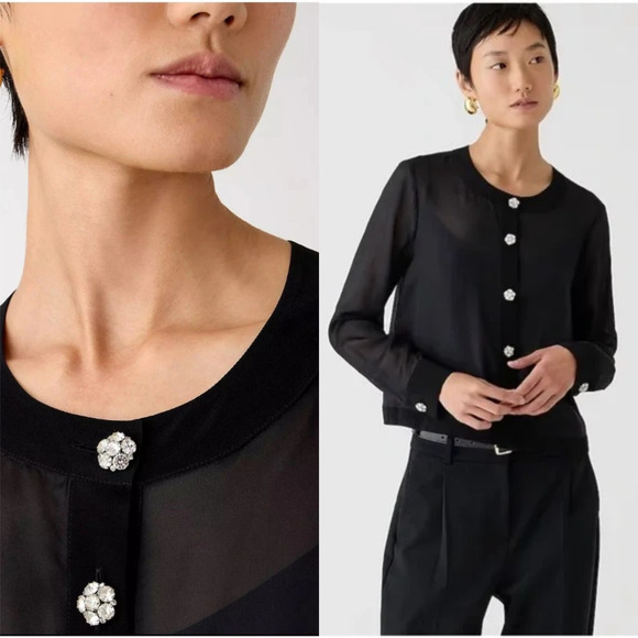 NWT J.Crew Sheer Button-Up Shirt W/ Tank Jewel Buttons Organza Blend Black Small - Picture 1 of 15